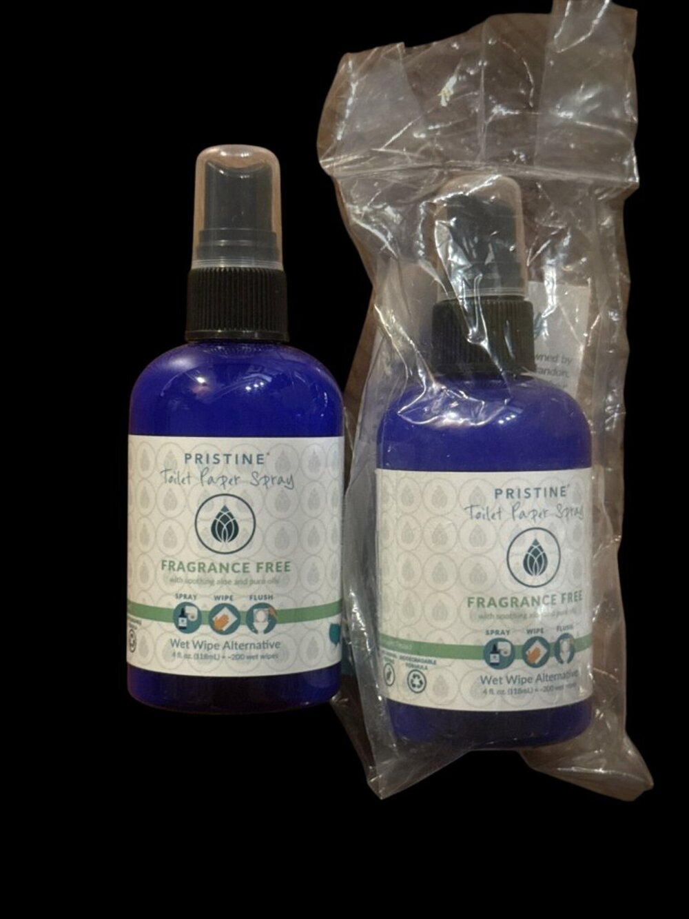 2 Pristine Toilet Paper Spray 4oz Original & Fragrance Free Wet Wipe Alternative